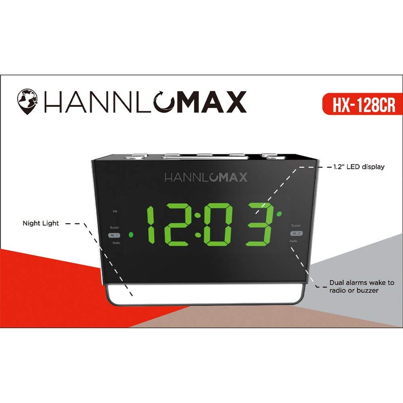HANNLOMAX HX-128CR Alarm Clock Radio, PLL FM Radio, 1.2 inches Green LED Display, Dual Alarm, 6 Levels Night Light, USB Port for 1A Charging, AC/DC Adaptor Included - Image 3